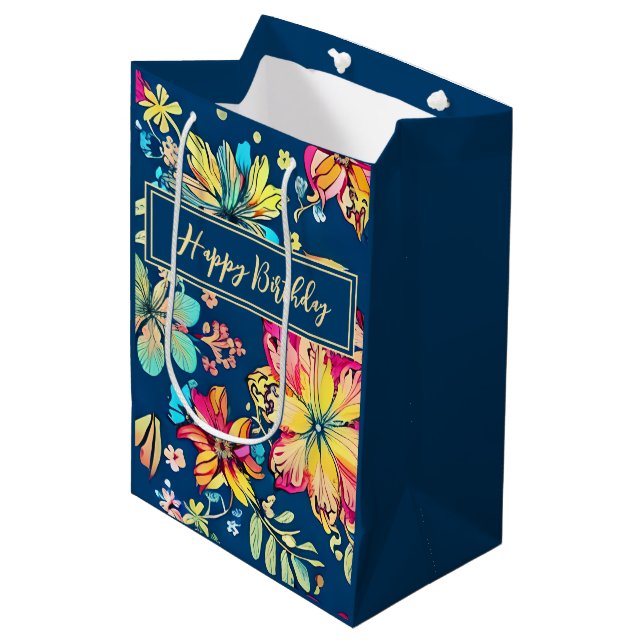 Vibrant Boho Floral Bohemian Flower Happy Birthday Medium Gift Bag (Front Angled)