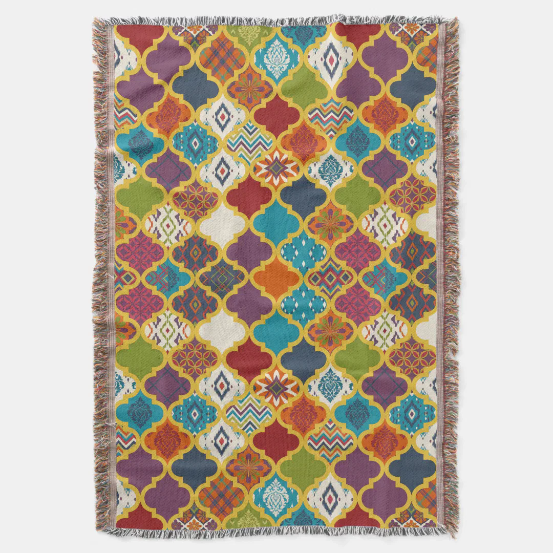 Vibrant Boho Geometric Patchwork Tile Pattern Throw Blanket
