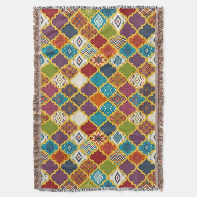 Vibrant Boho Geometric Patchwork Tile Pattern Throw Blanket (Front Vertical)