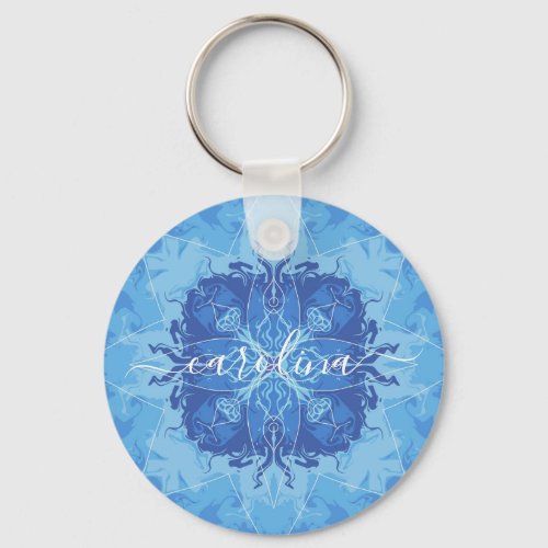 Vibrant boho mandala blue white star elegant name keychain