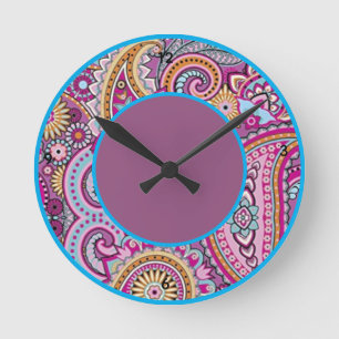 Vibrant Boho Paisley Floral Pattern Colorful Art Round Clock