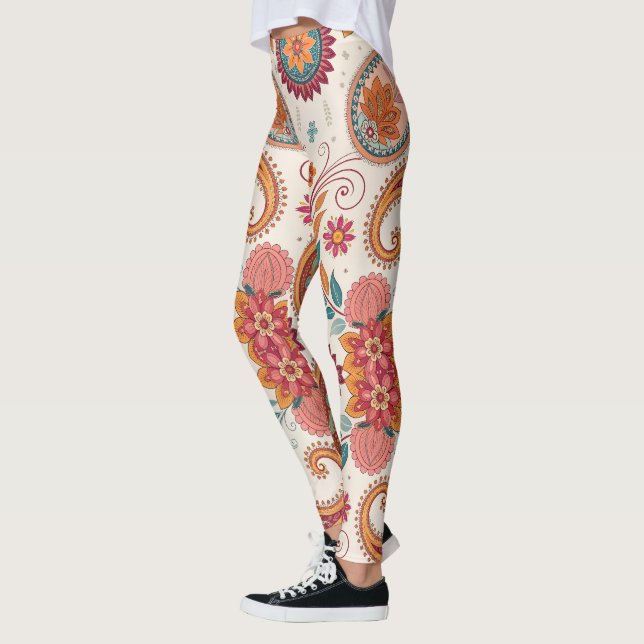 Vibrant Boho Paisley white Floral Pattern  Leggings (Left)