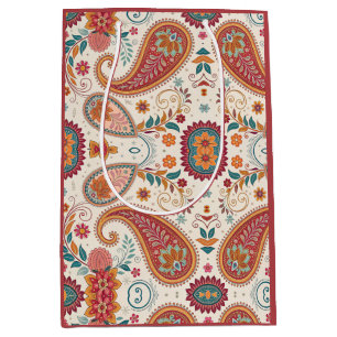 Vibrant Boho Paisley white Floral Pattern Medium Gift Bag