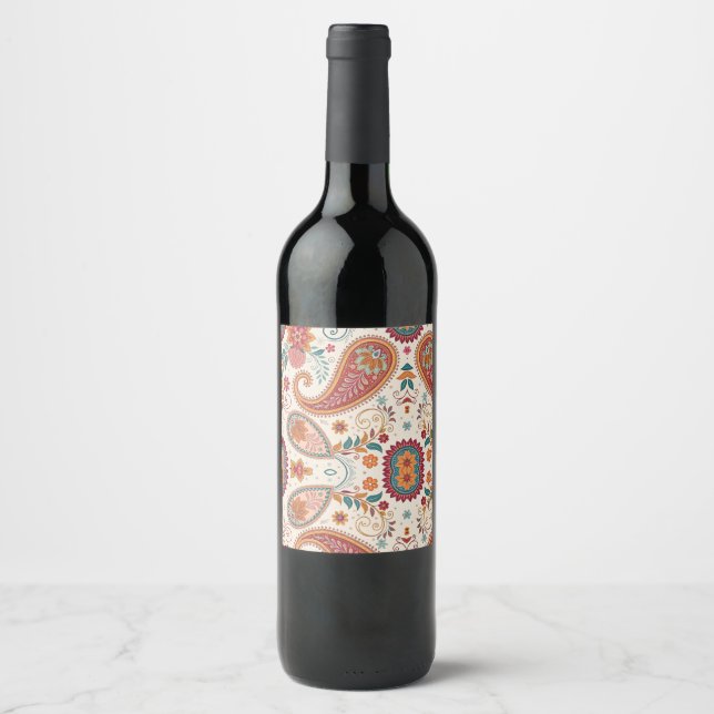 Vibrant Boho Paisley white Floral Pattern  Wine Label (Front)