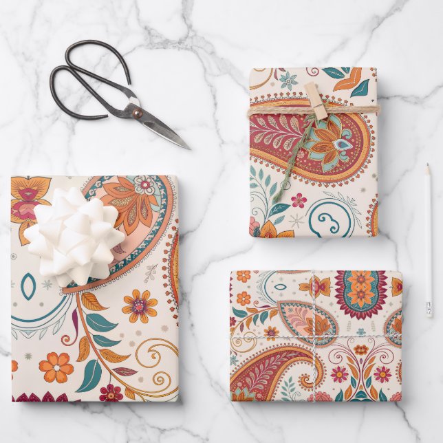 Vibrant Boho Paisley white Floral Pattern  Wrapping Paper Sheets (Front)