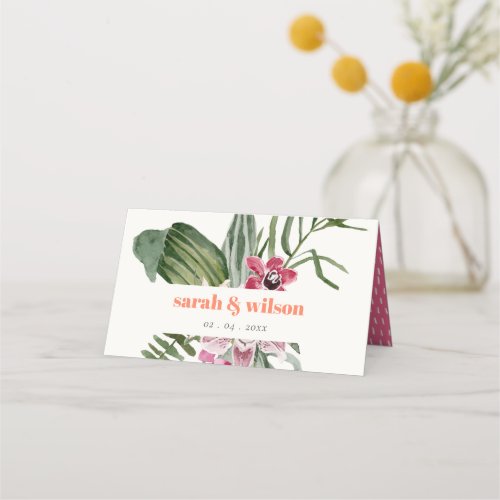 Vibrant Boho Peach Blush Tropical Floral Wedding Place Card
