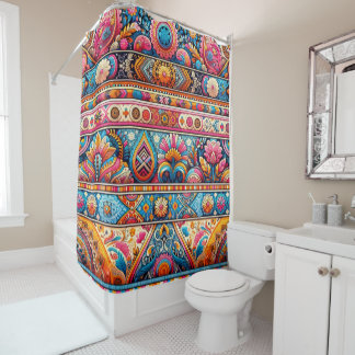 Vibrant Boho Stripes: Eclectic Textile Art Shower Curtain