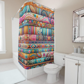 Vibrant Boho Stripes: Eclectic Textile Art Shower Curtain