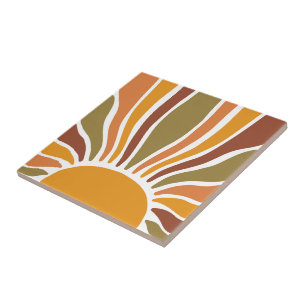 Vibrant Boho Terracotta Gold Sun Ceramic Tile