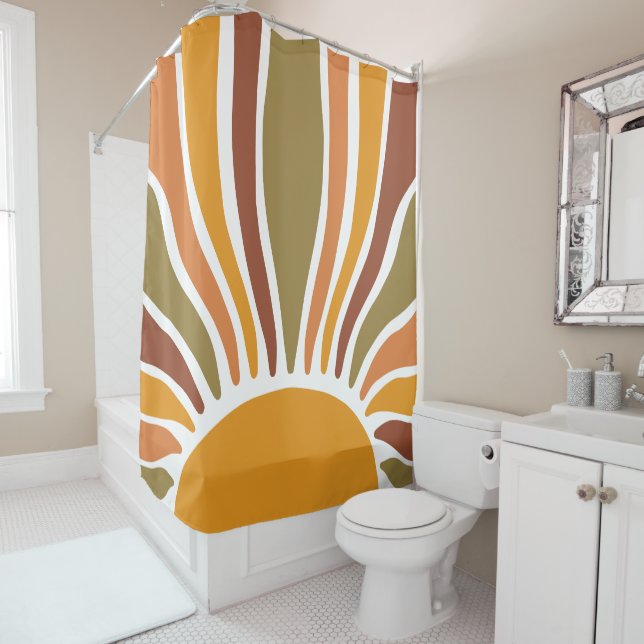 Vibrant Boho Terracotta Gold Sun  Shower Curtain (In Situ)