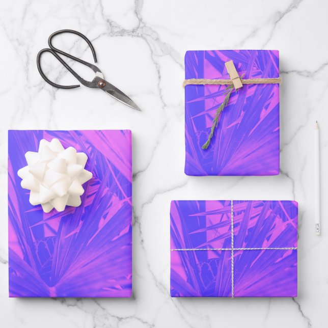 Vibrant Boho Tropical Botanical Leaf Purple Pink Wrapping Paper Sheets (Front)