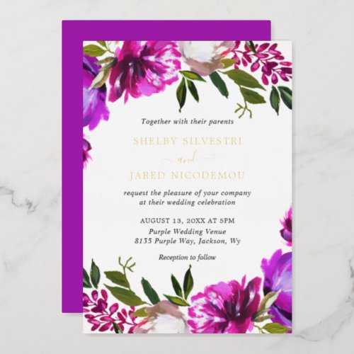 Vibrant Bold Bright Purple Floral Wedding Gold Foil Invitation