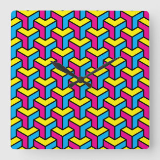 Vibrant Bold CMYK Geometric Optical Illusion Block Square Wall Clock