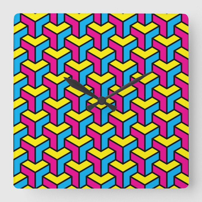 Vibrant Bold CMYK Geometric Optical Illusion Block Square Wall Clock (Front)