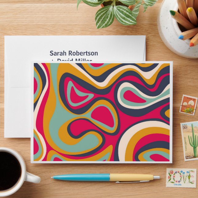 Vibrant Bold Curvy Lines Abstract Wedding Envelope (Desk)