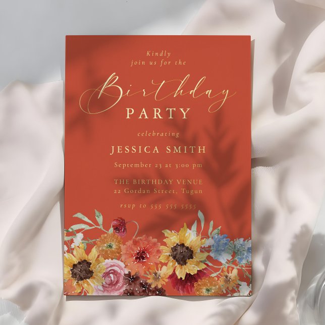 Vibrant Bold Floral Womans Girls Birthday Party Foil Invitation (Creator Uploaded)