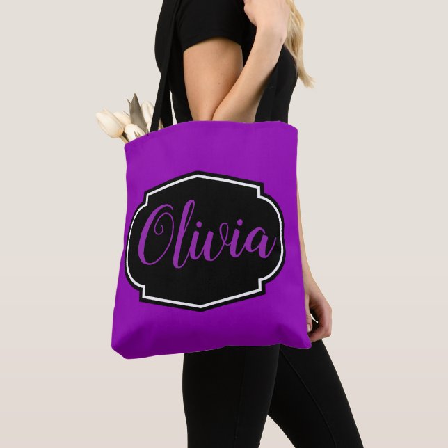 Vibrant, Bold Fuchsia Purple Personalized Tote Bag (Close Up)