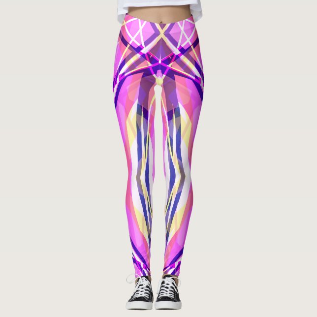 Vibrant Bold Pink Blue Yellow White Funky Gym Leggings (Front)