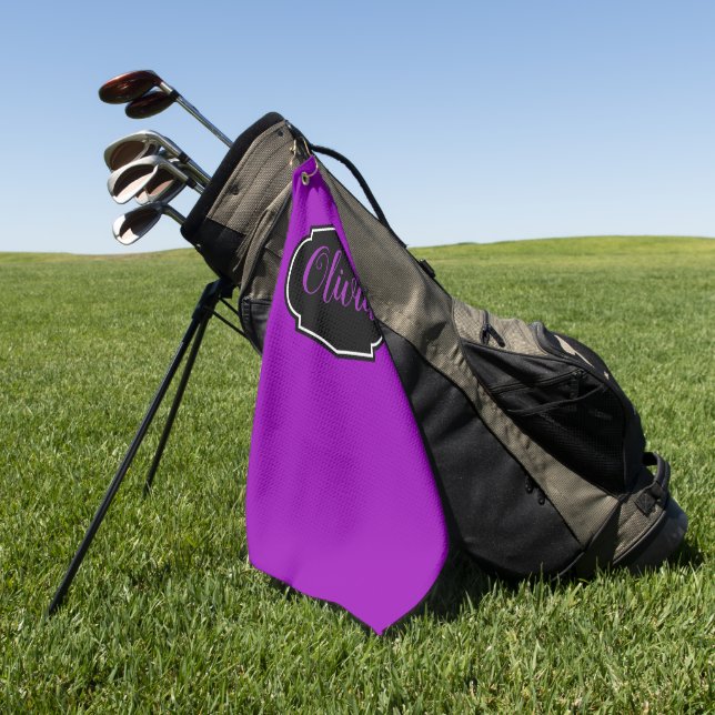 Vibrant, Bold Purple Personalized  Golf Towel (Green)