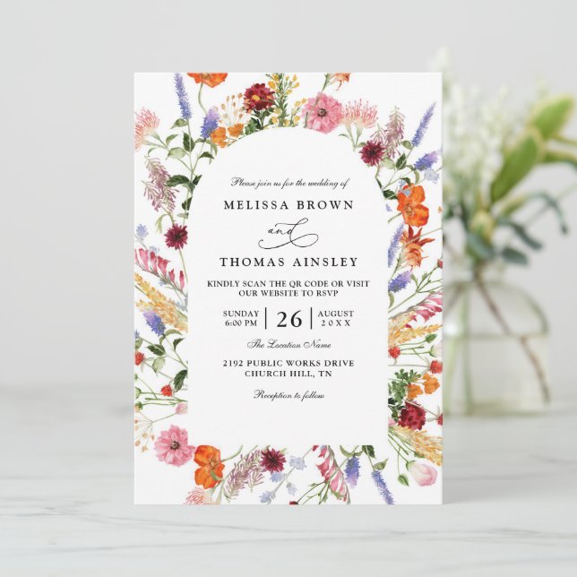 Vibrant Bold Watercolor Wildflower QR Code Wedding Invitation (Standing Front)