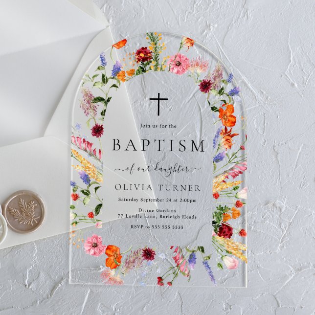Vibrant Bold Watercolor Wildflowers Baptism Acrylic Invitations (Creator Uploaded)