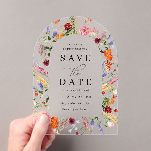 Vibrant Bold Wildflowers Wedding Save The Date Acrylic Invitations