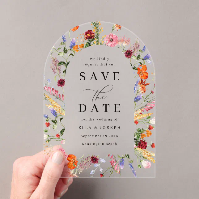 Vibrant Bold Wildflowers Wedding Save The Date Acrylic Invitations