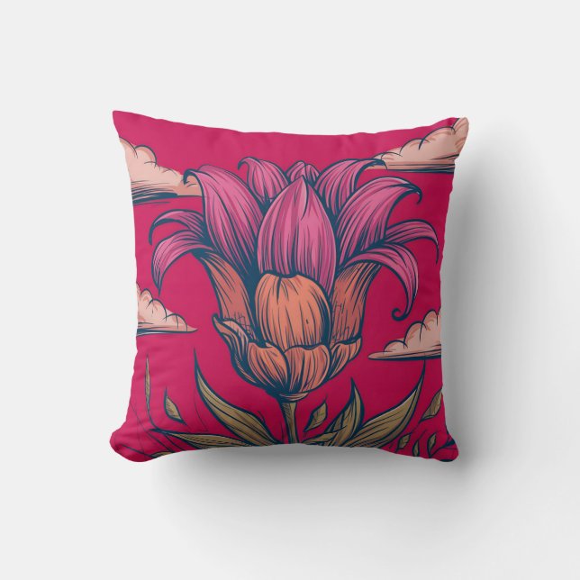 Vibrant Botanical Illustration with Pink and Orang Throw Pillow (Front)