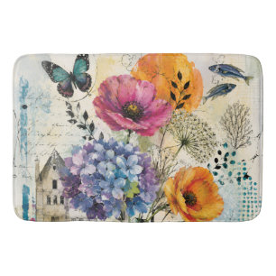 Vibrant Botanical Mixed Media Collage Art Bath Mat
