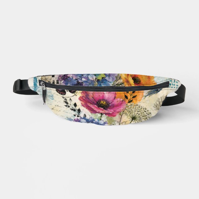 Vibrant Botanical Mixed Media Collage Art Fanny Pack (Front)