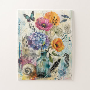 Vibrant Botanical Mixed Media Collage Art Jigsaw Puzzle