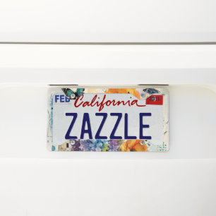 Vibrant Botanical Mixed Media Collage Art License Plate Frame