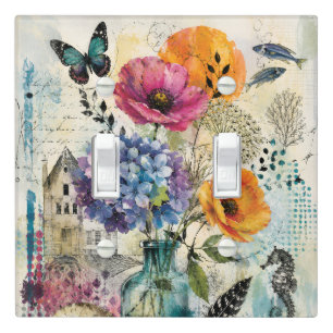 Vibrant Botanical Mixed Media Collage Art Light Switch Cover