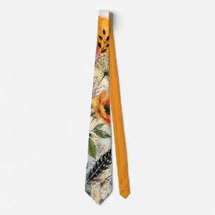 Vibrant Botanical Mixed Media Collage Art Neck Tie