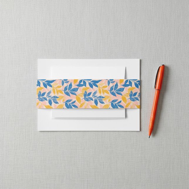 Vibrant botanical woodblock Blue and Yellow Leaf Invitation Belly Band (Vibrant botanical woodblock Blue and Yellow Leaf Invitation Belly Band.)