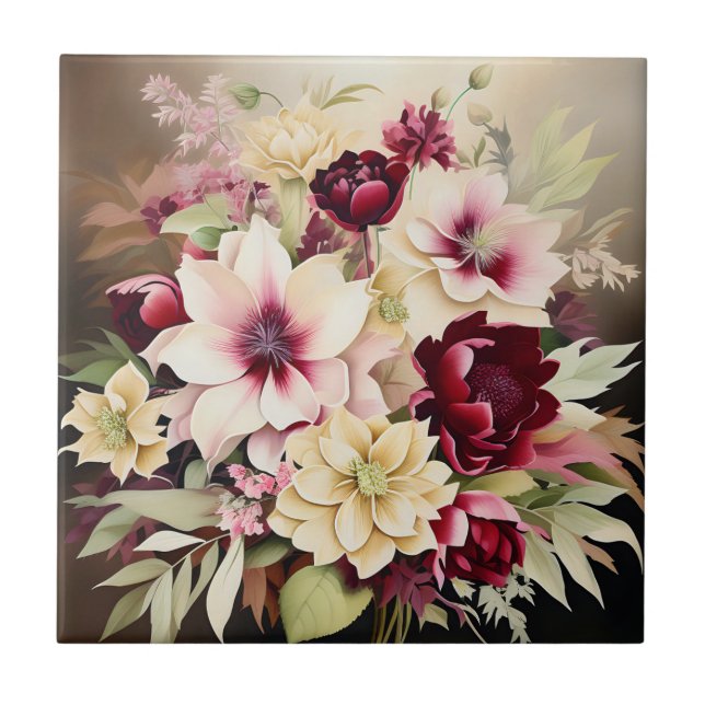 Vibrant Bouquet Of Burgundy And Cream Flowers Ceramic Tile (Front)