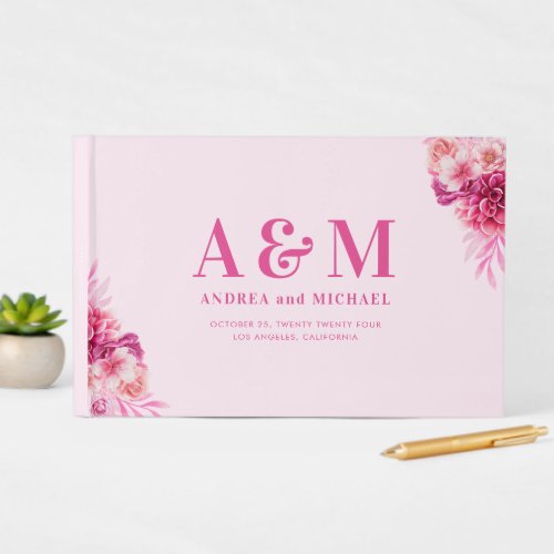 Vibrant Bright Hot Pink Monogram Elegant Wedding Guest Book