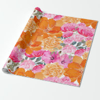 Vibrant Bright Pink and Orange Floral Bloom Gift Wrapping Paper