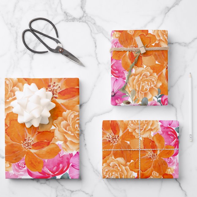 Vibrant Bright Pink and Orange Floral Bloom Gift Wrapping Paper Sheets (Front)