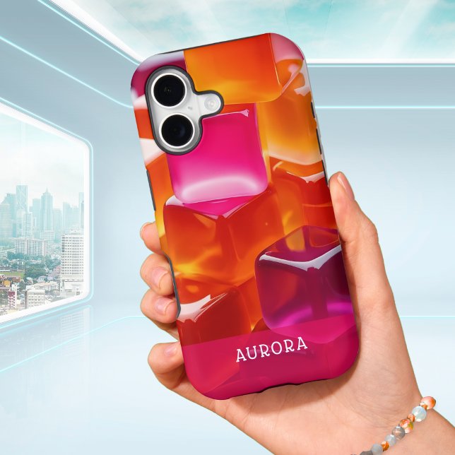 Vibrant Bright Pink Orange Abstract Jelly Cubes Case-Mate iPhone Case (A phone case with pink and orange jelly cubes design and personalized name in modern typography)