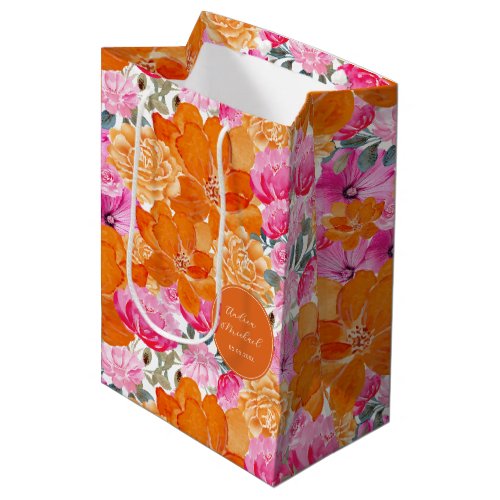 Vibrant Bright Pink Orange Floral Wedding Favor Medium Gift Bag