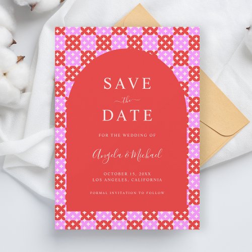 Vibrant Bright Pink  Red Midcentury Mod Wedding Save The Date