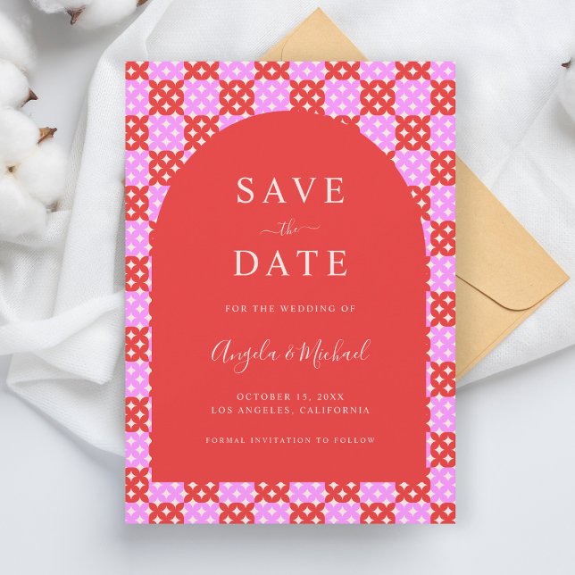 Vibrant Bright Pink & Red Midcentury Mod Wedding Save The Date (Creator Uploaded)