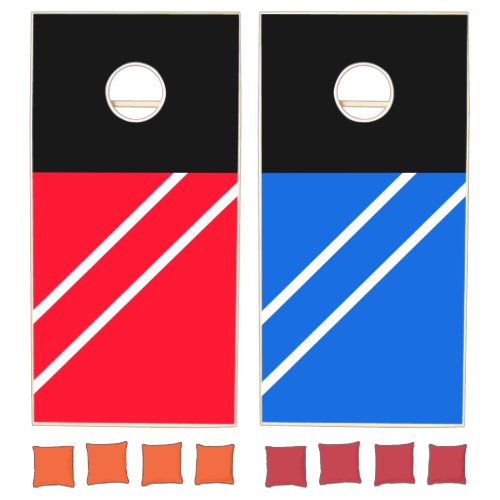 Vibrant Bright Red Blue Two White Diagonal Stripes Cornhole Set