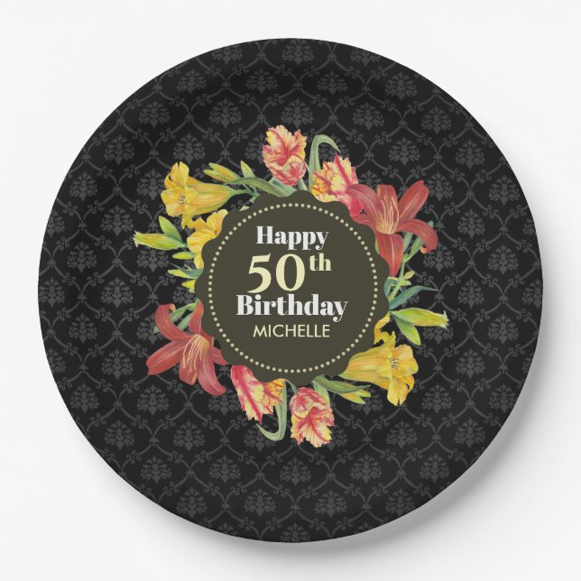 Vibrant Bright Spring Flowers Wreath Birthday Paper Plates (Front)