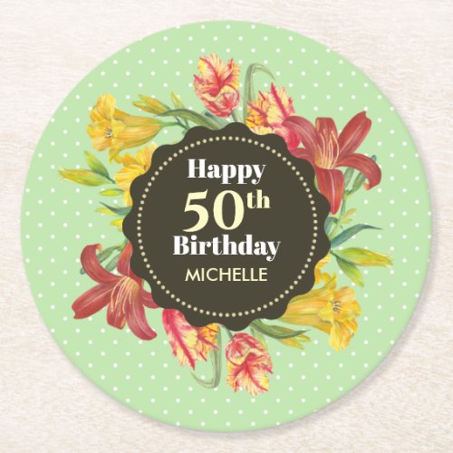 Vibrant Bright Spring Flowers Wreath Birthday Round Paper Coaster