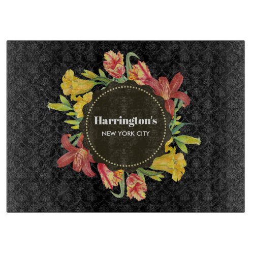 Vibrant Bright Spring Flowers Wreath Black Damask Cutting Board