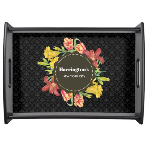 Vibrant Bright Spring Flowers Wreath Black Damask Serving Tray