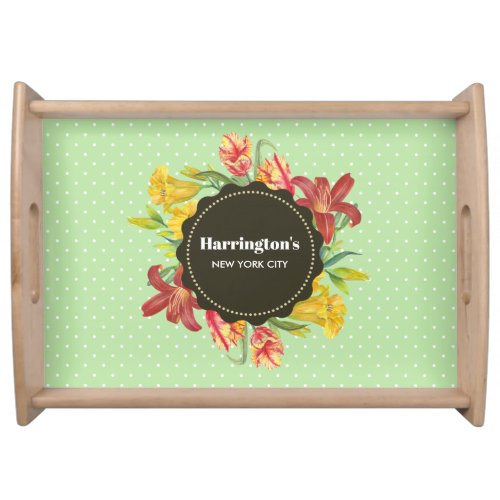 Vibrant Bright Spring Flowers Wreath Polka Dots Serving Tray