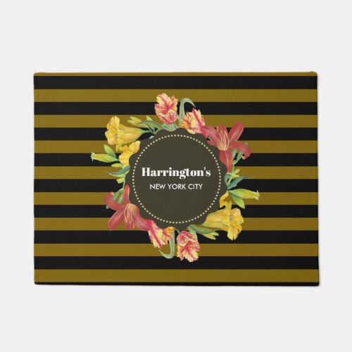 Vibrant Bright Spring Flowers Wreath Stripes Doormat